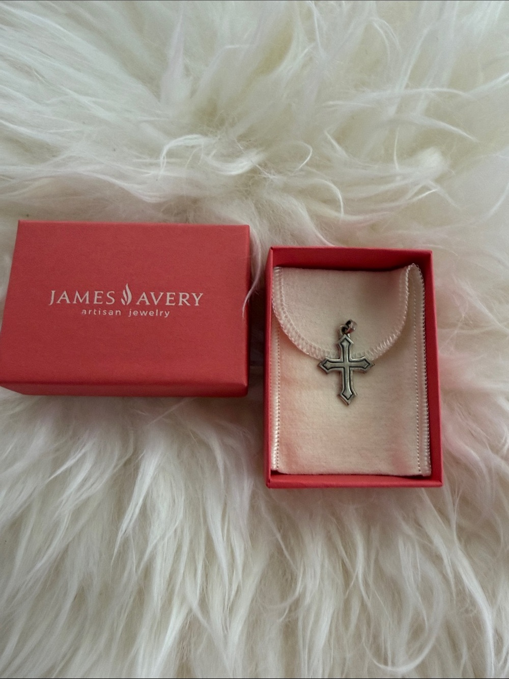 James Avery Silver Cross Pendant with Coral Box